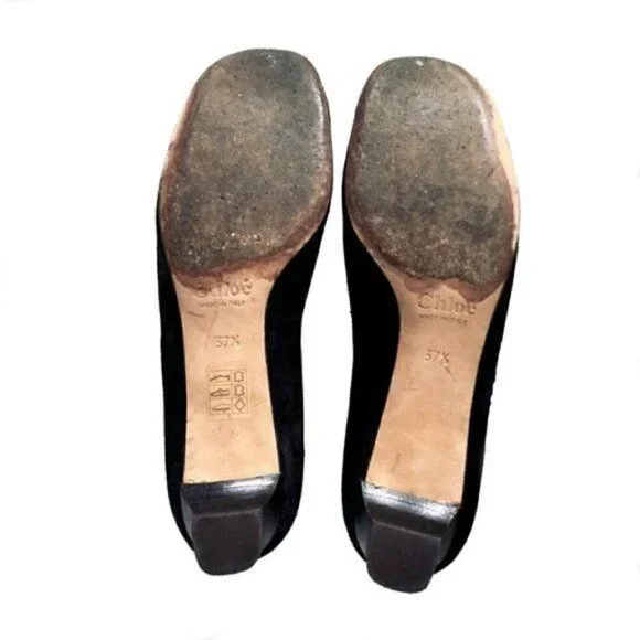 Chloe Black suede pump with bow and tassel, square toe, size 37.5 EU